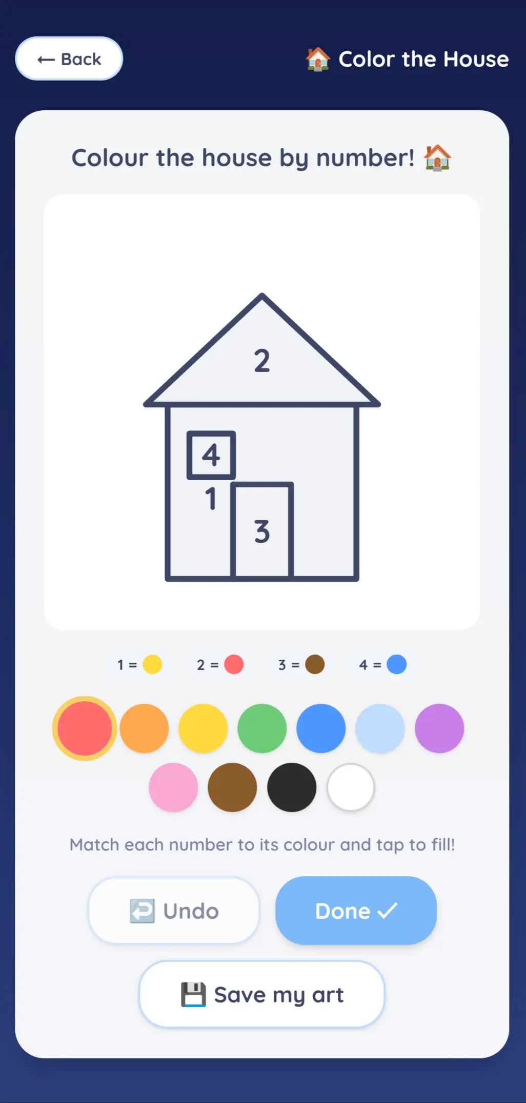 Mini Genius Club app — a colour-by-number activity screen